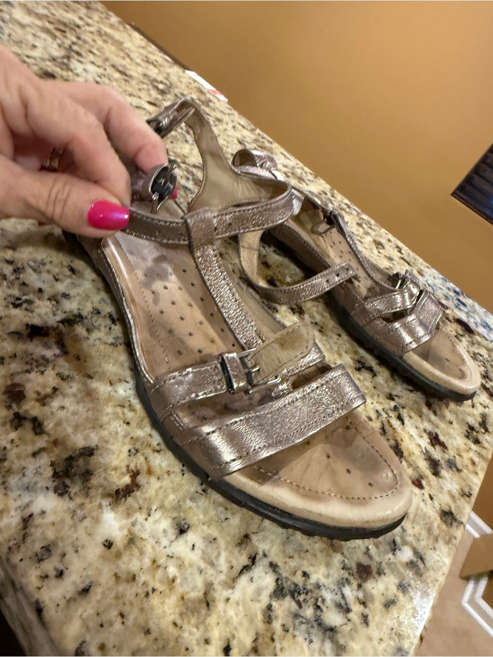 Ecco Women’s Metallic Leather Taupe Women's Strappy Comfort Sandals, size 5